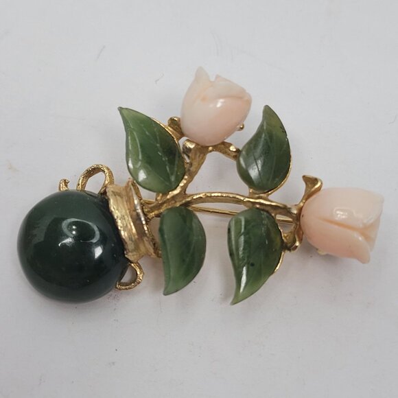 Swo Inc Jewelry - Vintage Swo Inc Gold-Tone Brooch With Green Vase & Pink Rose